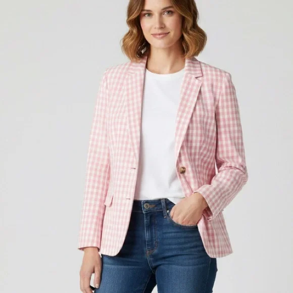 Talbots Pink & White Gingham Blazer - Size 12 - Picture 1 of 10